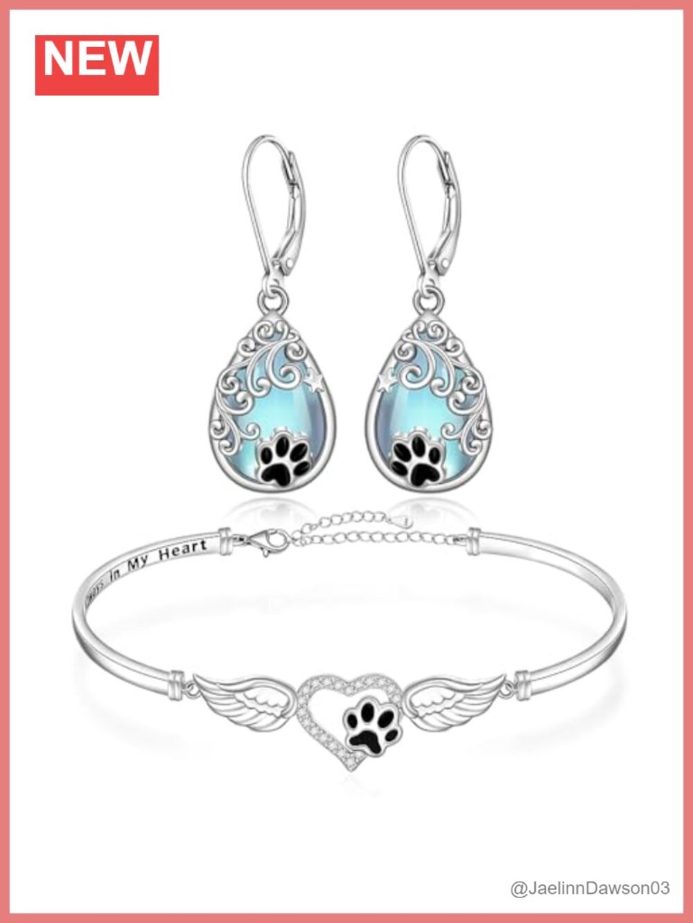 Paw Print Bracelet Earrings Set Sterling Silver Dog Mom Memorial Gift